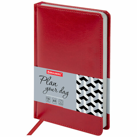 Ежедневник А5 136л. недат. Rainbow под кожу красн. BRAUBERG - фото 1