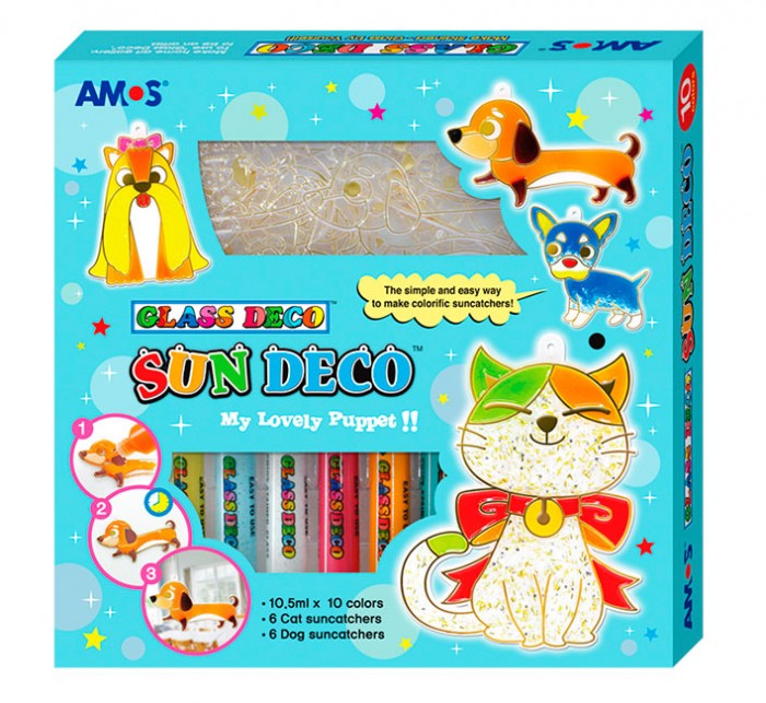 Краски витражные набор 10цв.*10,5мл. с витражами Собаки и кошки AMOS - фото 1