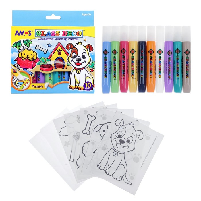 Краски витражные набор 9цв.*10,5мл. + контур AMOS - фото 1