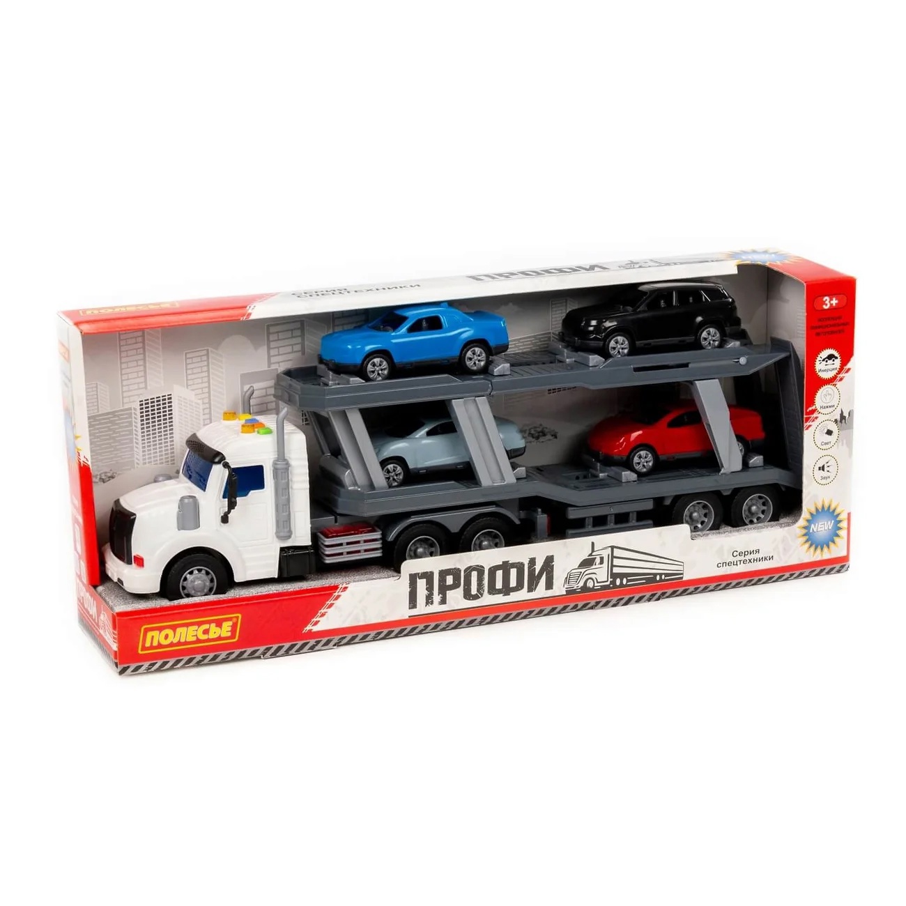 Автомобиль Тягач Профи с полуприцепом и машинками инерц. свет, звук в/к Полесье - фото 1