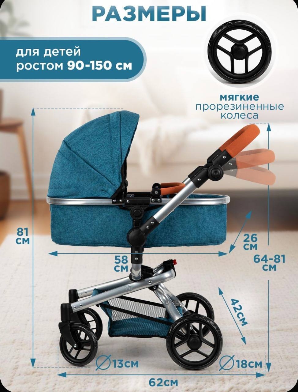 Коляска - люлька для кукол син. - миниатюра 4