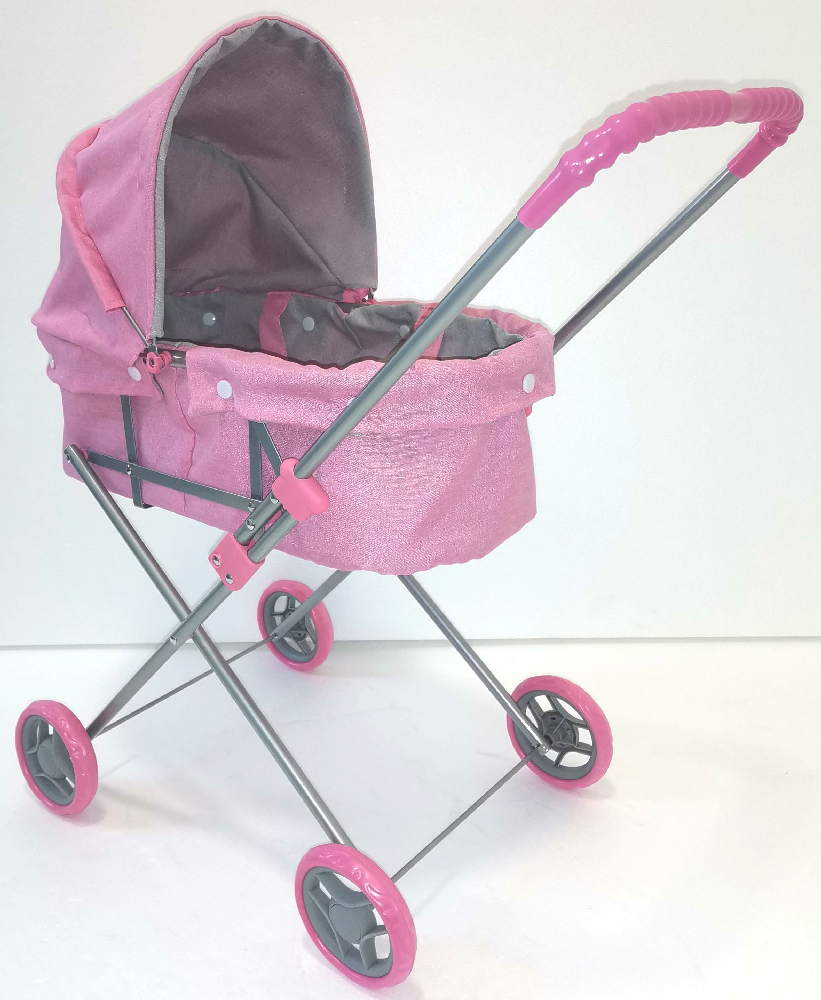 Коляска - люлька для кукол розовый меланж с серым - фото 1