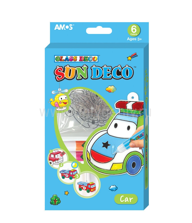 Краски витражные набор 6 цв.*10,5 мл. с витражами Машинки AMOS - фото 1