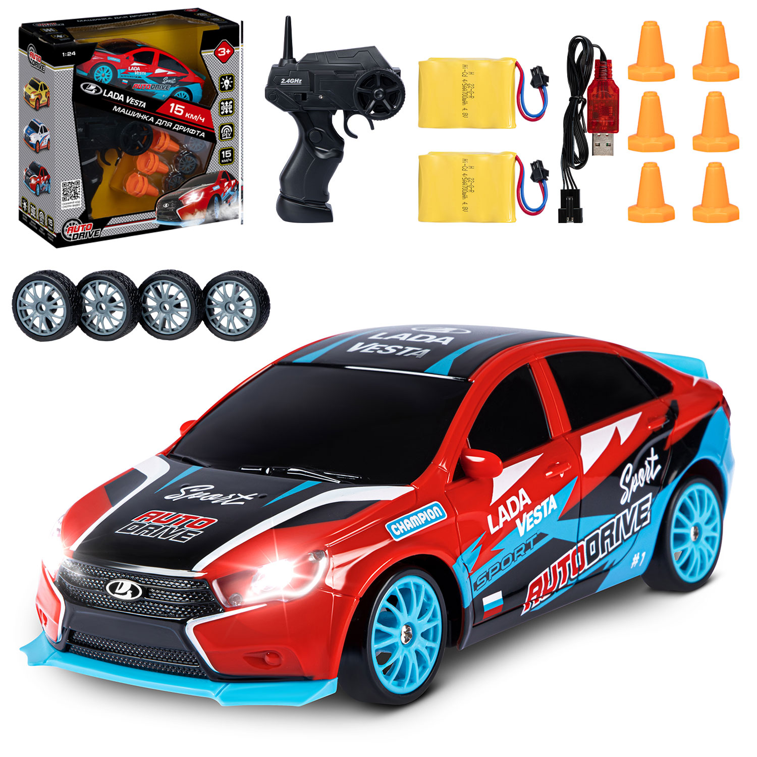 Машина радиоуправляемая для дрифта красная з/у Lada Vesta AUTODRIVE - фото 1