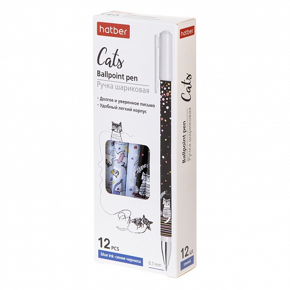 Ручка шариковая синяя 0,7мм на масляной основе Cats Hatber (12) - миниатюра 2