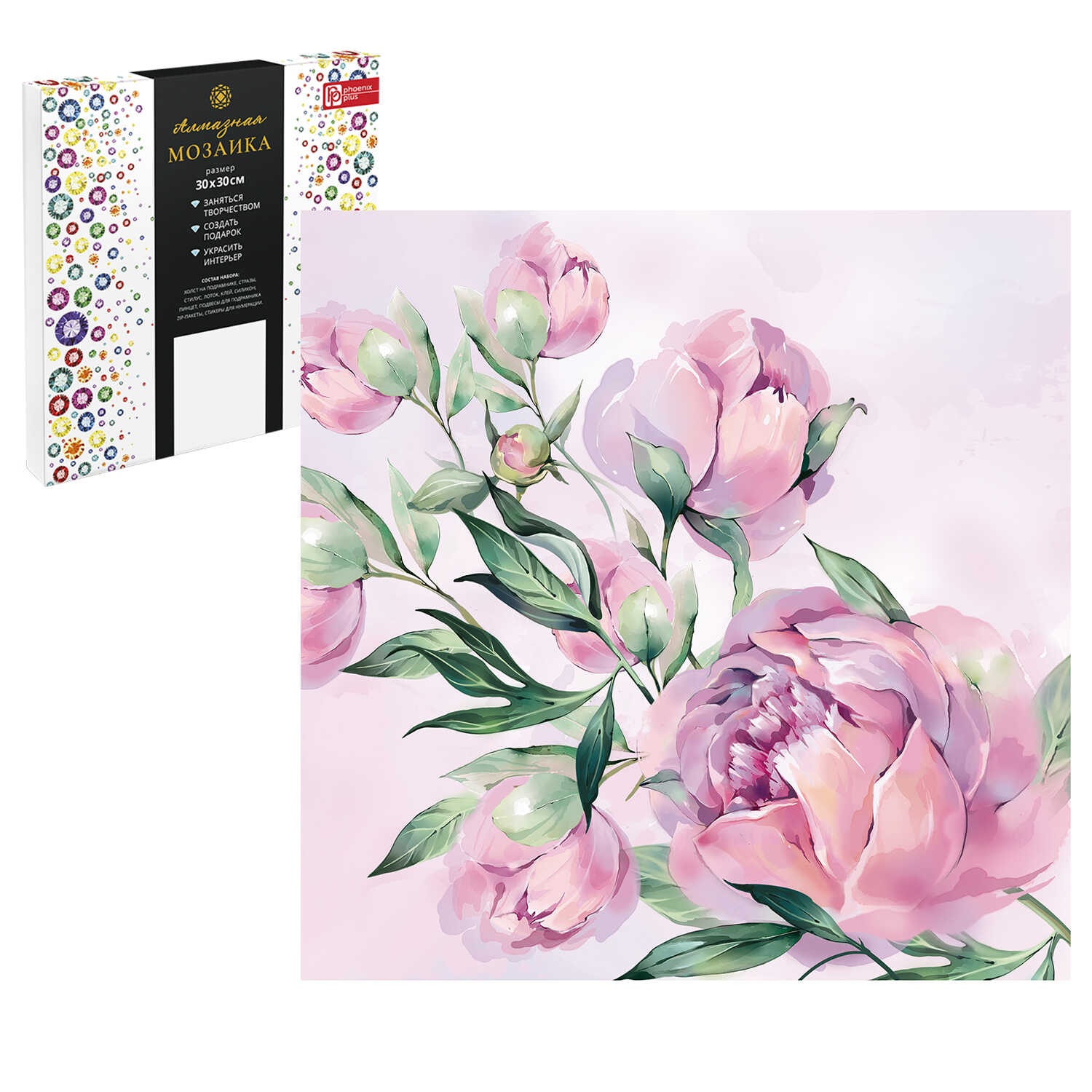 Картина стразами 30*30 Нежные пионы Феникс - фото 1