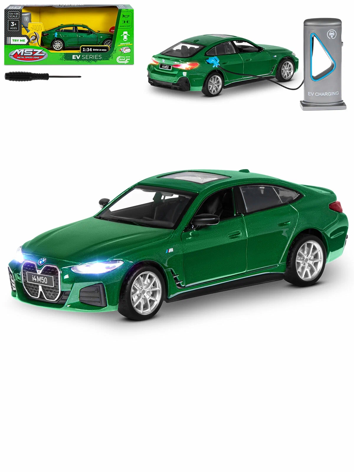 Машина металлическая MSZ 1:34 BMW I4 М50 зел. запр. станц., свет, звук - фото 1