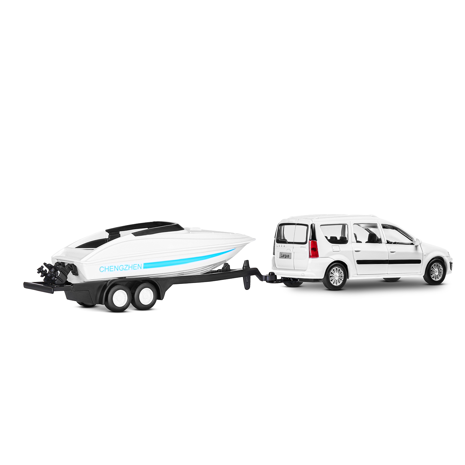 Машина металлическая Автопанорама 1:43 Lada Largus с лодкой на прицепе бел. - фото 1