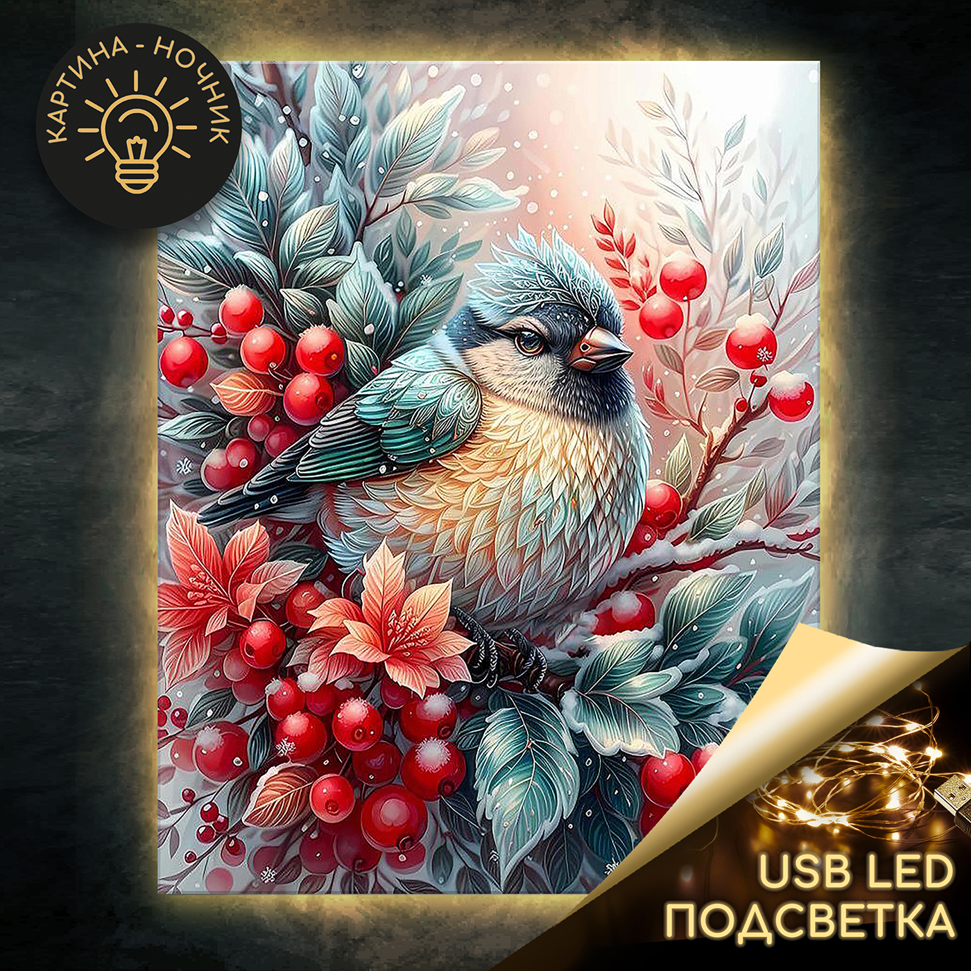 Картина по номерам 40*50 с подсветкой Птичка на рябине Molly - фото 1
