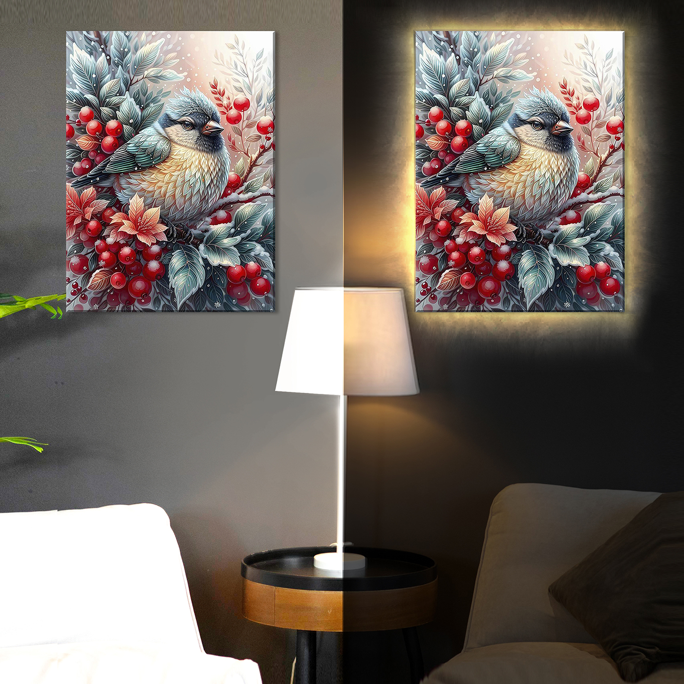 Картина по номерам 40*50 с подсветкой Птичка на рябине Molly - миниатюра 2