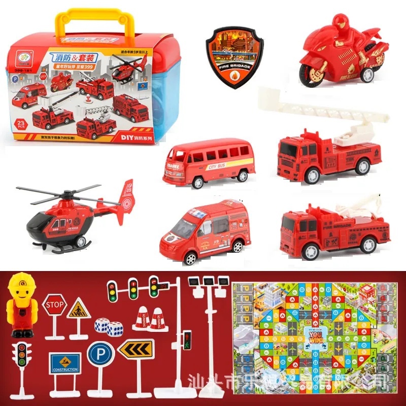 Машины Пожарная техника 6шт + знаки + фигурка в чемодане - фото 1