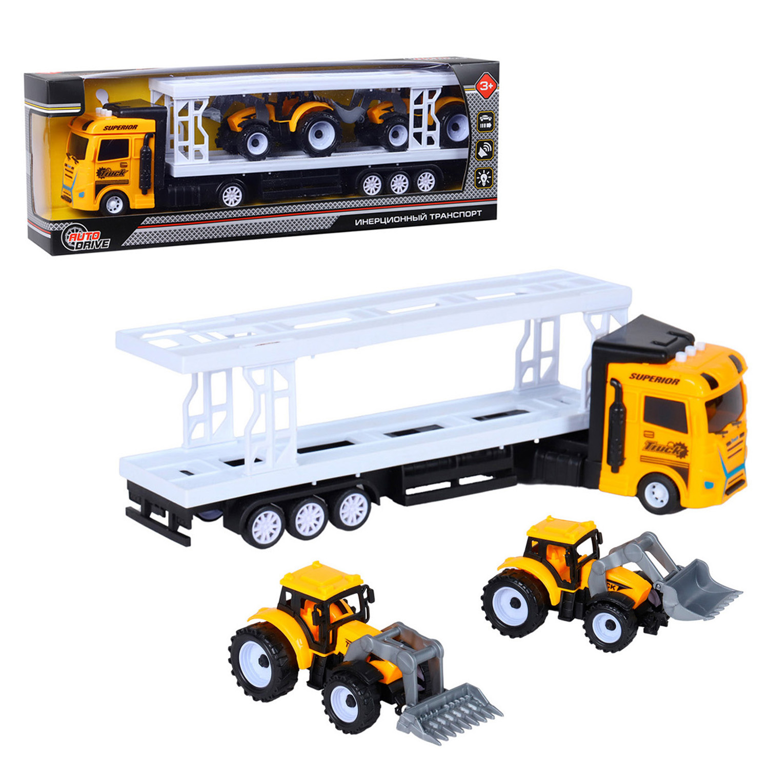 Машина Автовоз с тракторами (свет, звук) в/к - фото 1