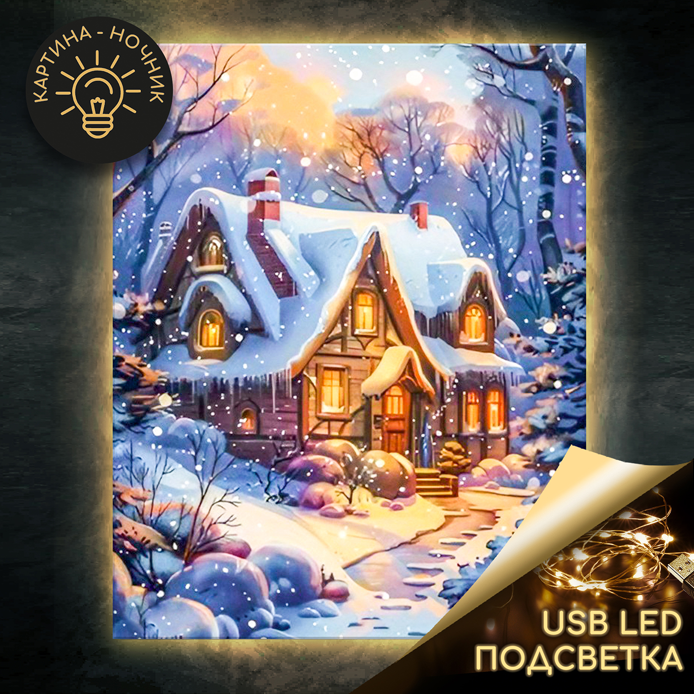 Картина по номерам 40*50 с подсветкой Домик в заснеженном лесу Molly - фото 1
