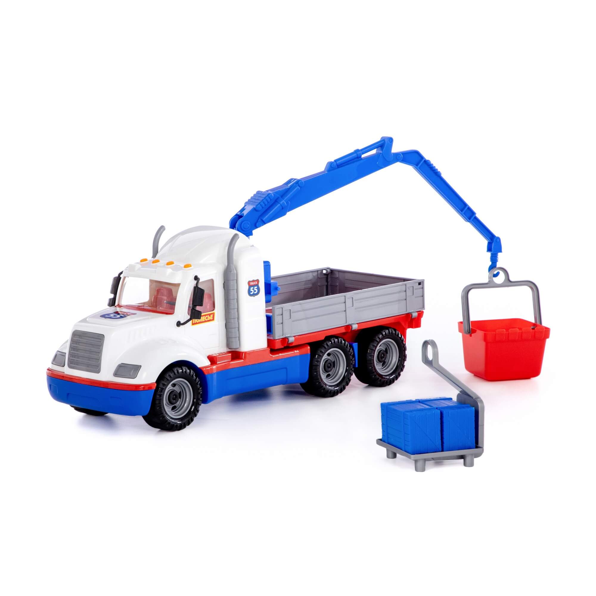 Автомобиль Автокран с манипулятором Майк бело-синий - фото 1