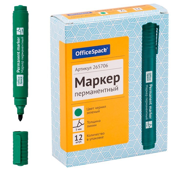 Маркер перманентный зеленый 3 мм. OfficeSpace (12) - фото 1