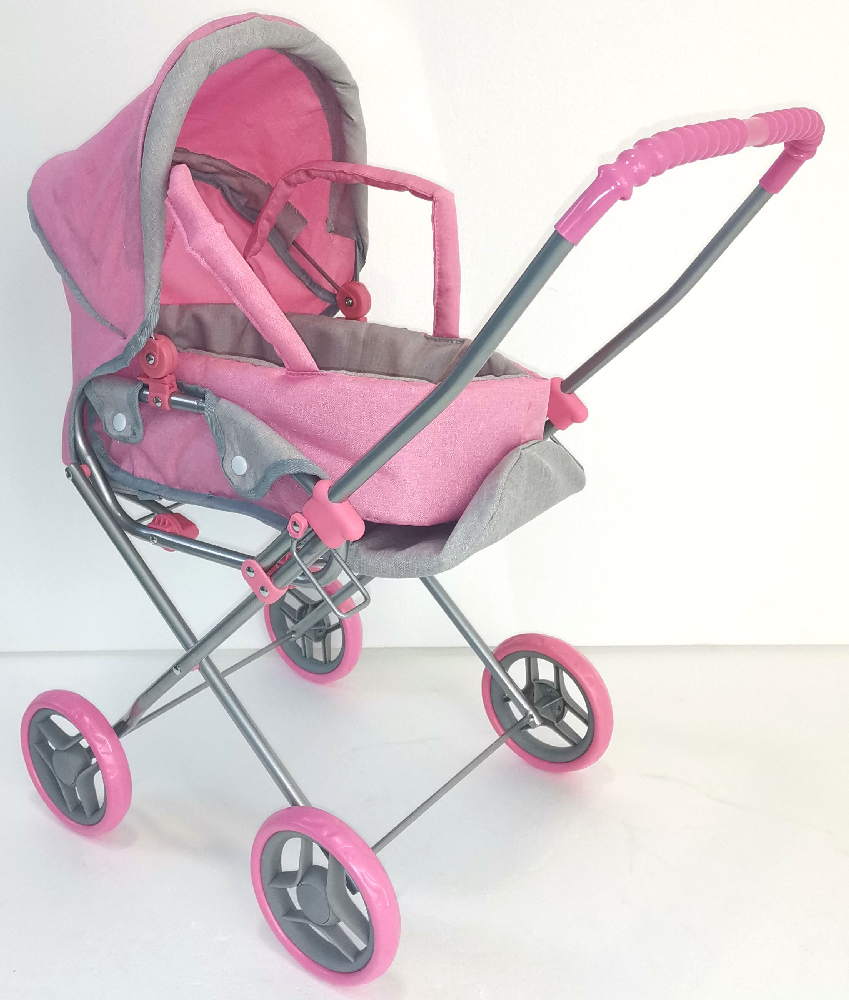Коляска - люлька для кукол розовый меланж с серой отделкой - фото 1