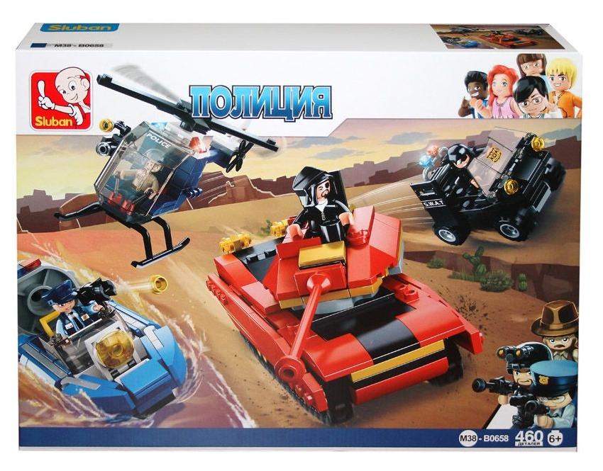 Конструктор СЛУБАН Полиция-Танк Джип, скутер, вертолет 460 дет. - фото 1