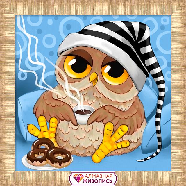 Картина стразами 25*25 Совёнок и кофе - фото 1