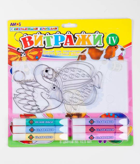 Витражные краски набор 6 красок+2 витража AMOS - фото 1