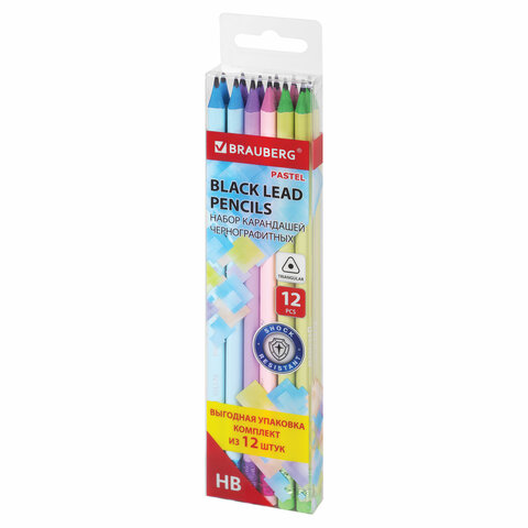 Карандаши чернографитные 12шт. с ластиком Pastel BRAUBERG - фото 1