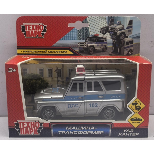 Машина - трансформер ТЕХНОПАРК UAZ HUNTER Полиция серебр.