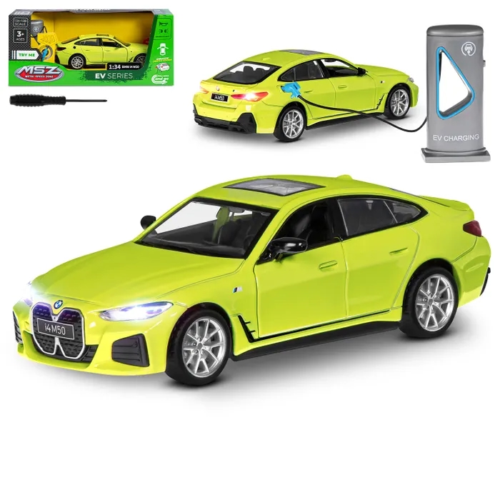 Машина металлическая MSZ 1:34 BMW I4 М50 желт. запр. станц., свет, звук - фото 1